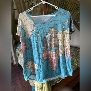 World Map V-Neck Short Sleeve Top - Blue